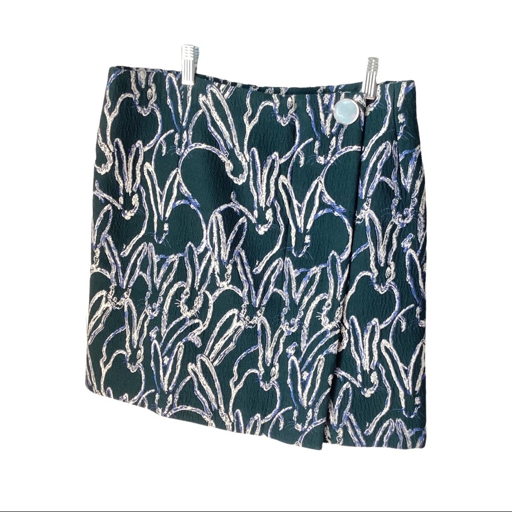 Jason Wu Skirt Dark Green Bunny Rabbit Print Textured Jacquard Mini Wool Blend 4